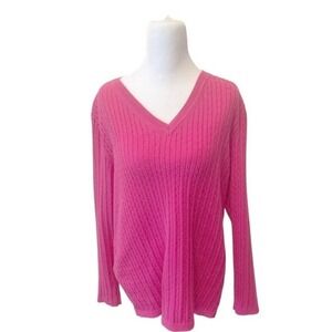 Tommy Hilfiger Women's Pink Pullover Cable Knit V Neck  Sweater Large Cotton